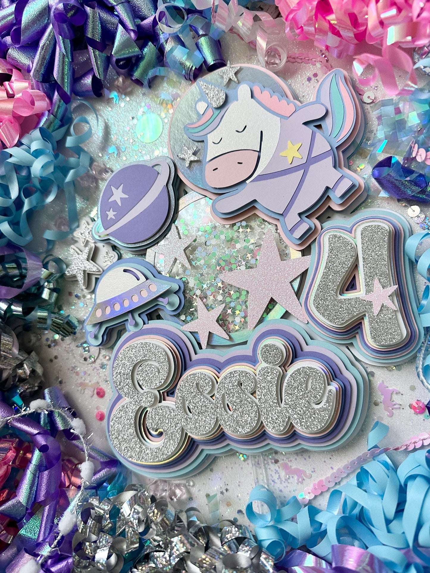 Space Unicorns Outer space Galaxy Out of This World Theme Birthday Glitter Shaker Cake Topper