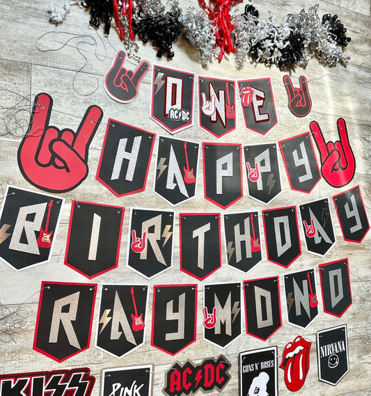 Rock N Roll Born To Rock Theme First Birthday Cake Topper Cupcake Toppers Highchair Banner Party Happy Birthday Banner