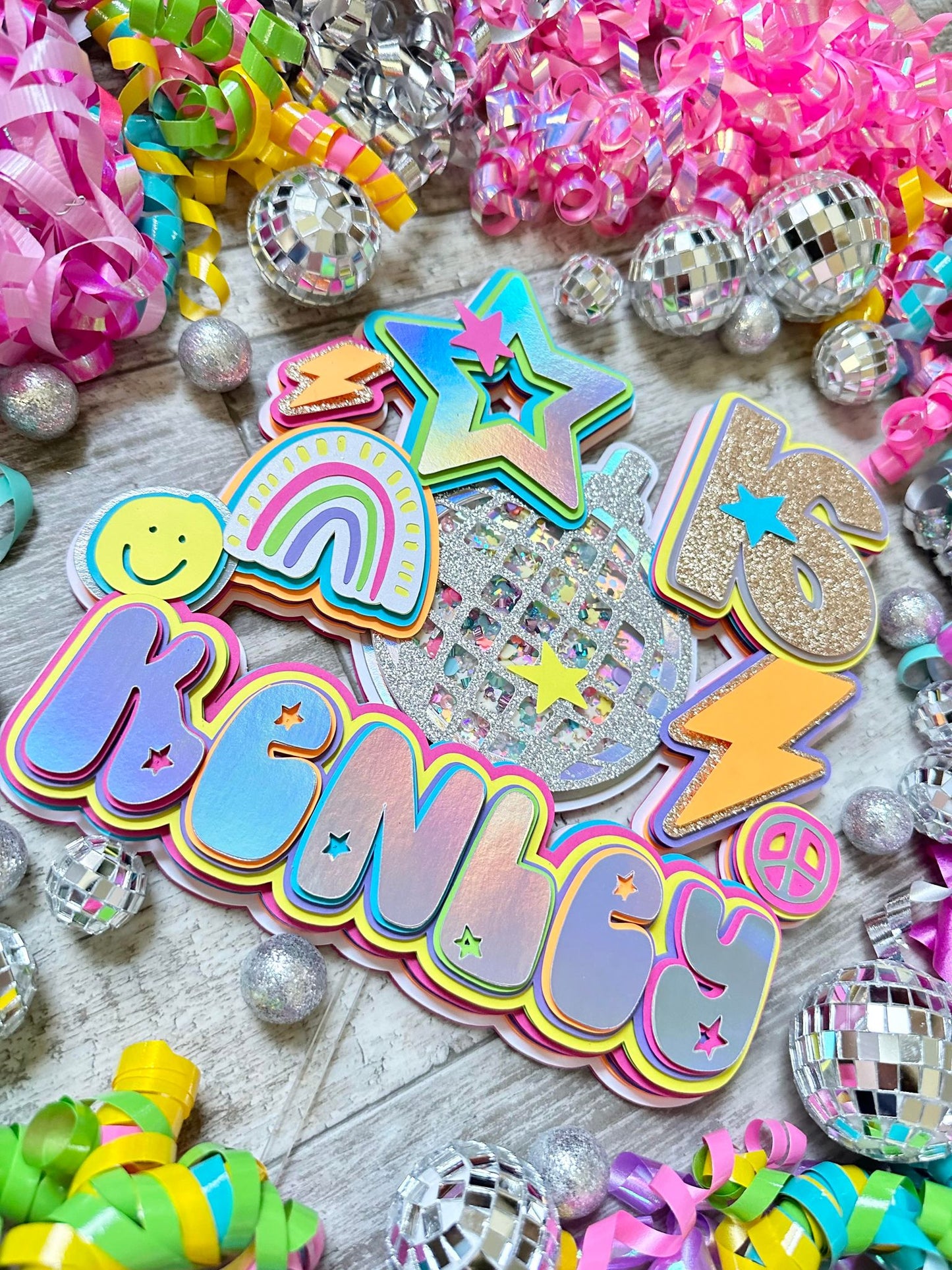 Boho Disco Ball Rainbow Smiley Face Lightning Bolt Bright Colorful Glitter Shaker Cake Topper