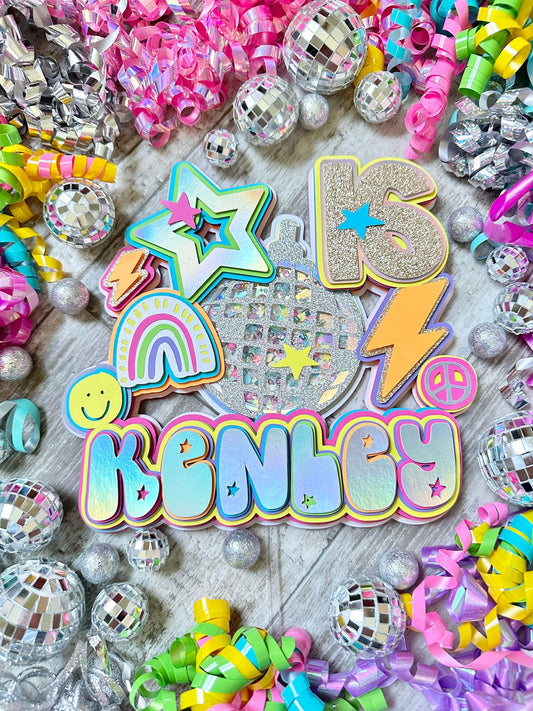 Boho Disco Ball Rainbow Smiley Face Lightning Bolt Bright Colorful Glitter Shaker Cake Topper