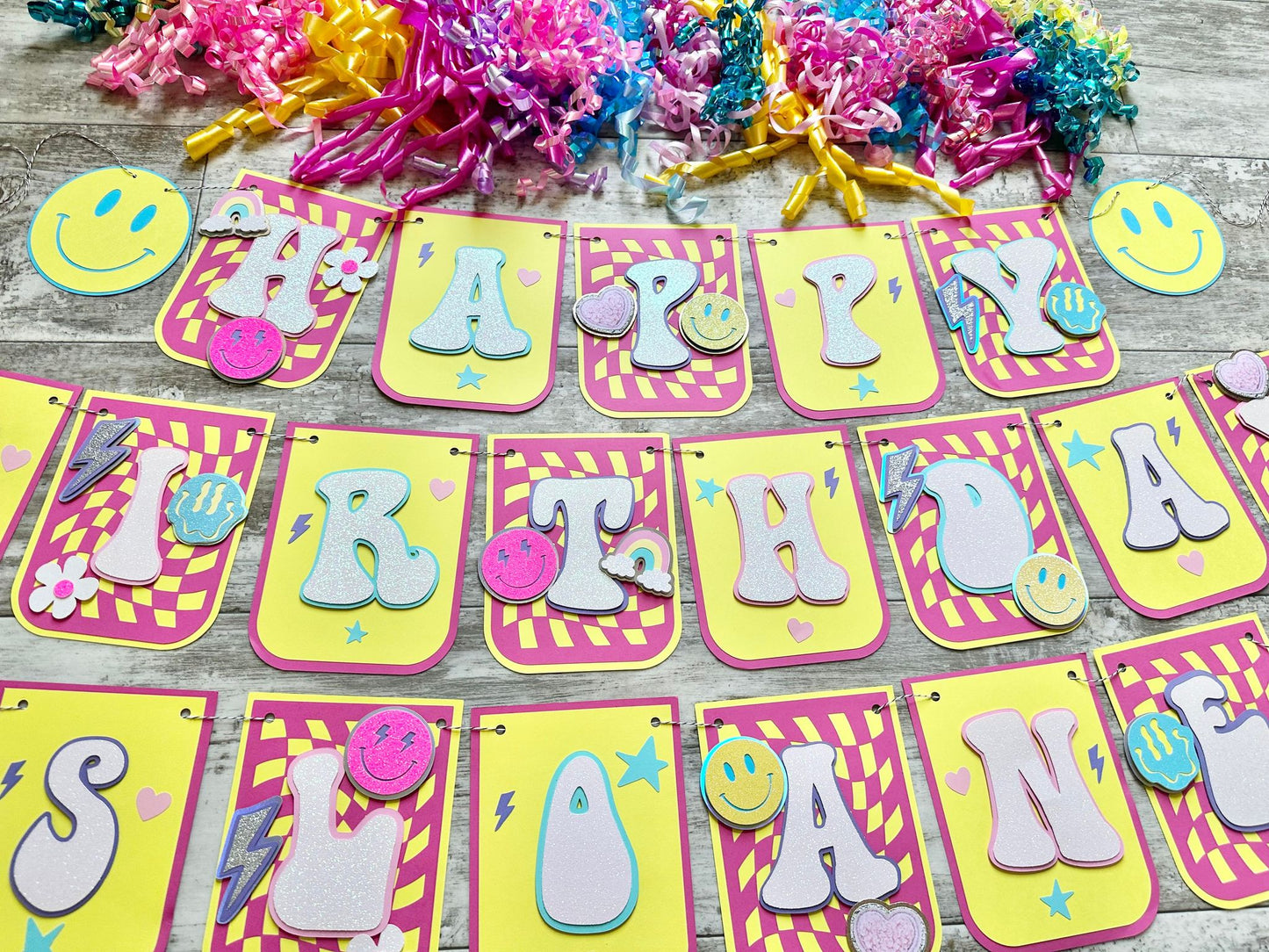 Teen Preppy Smile Aesthetic Checkered Groovy Party Happy Birthday Banner One Happy Girl Birthday Banner Girl Party Decoration