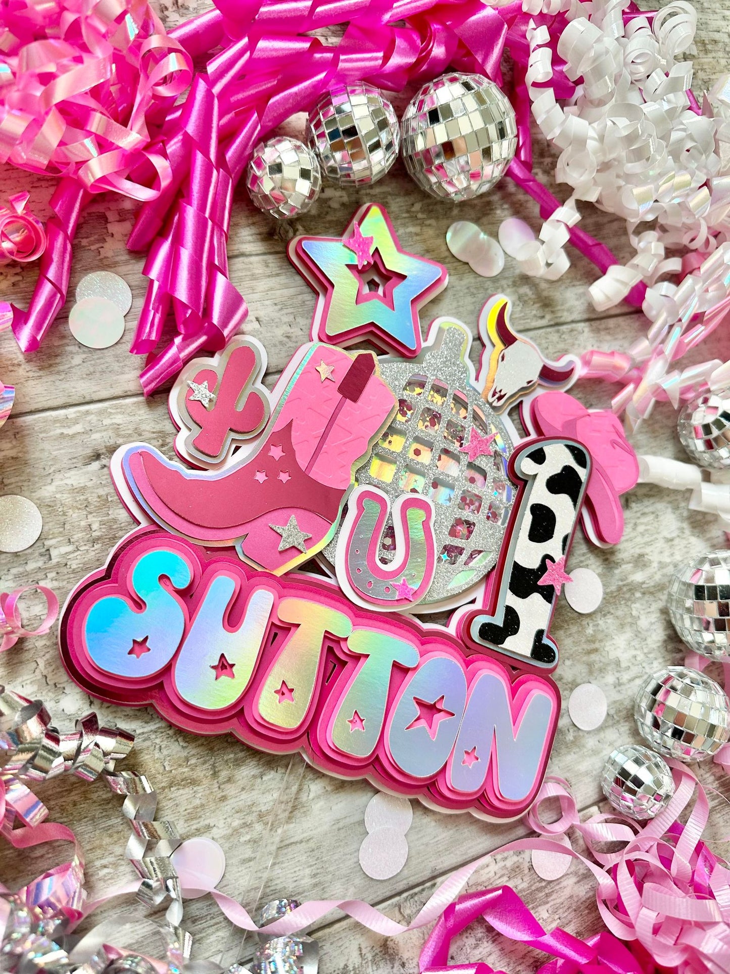 Let's Go Girls Space Cowgirl Disco Cow Girl Silver Pink Boot Cow Horseshoe Glitter Shaker Cake Topper