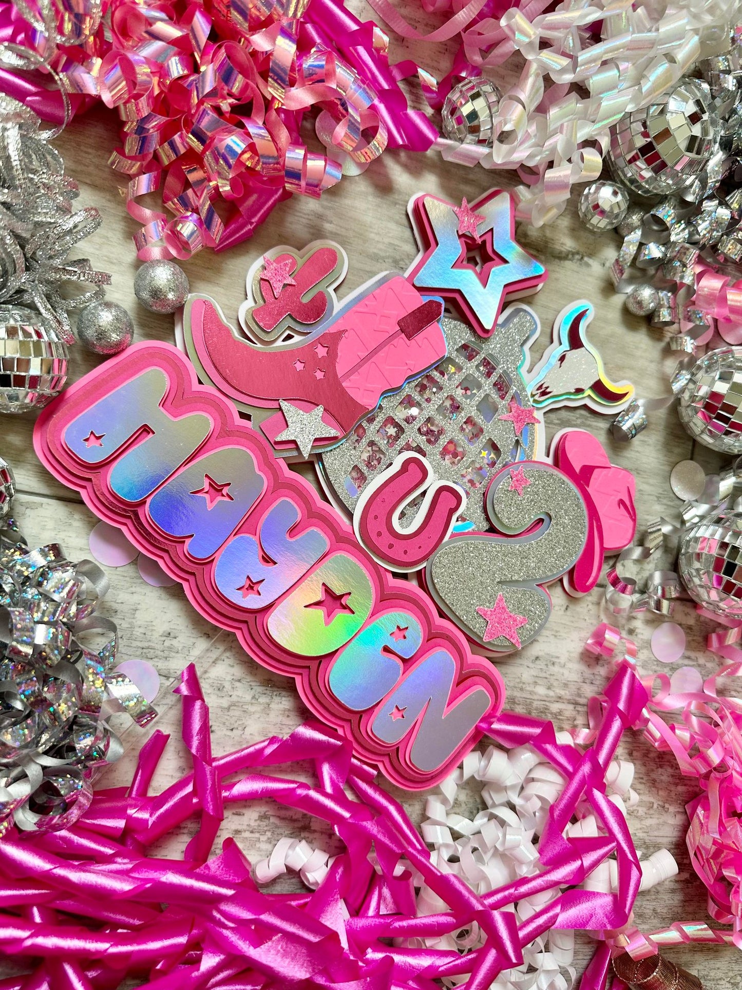 Let's Go Girls Space Cowgirl Disco Cow Girl Silver Pink Boot Cow Horseshoe Glitter Shaker Cake Topper