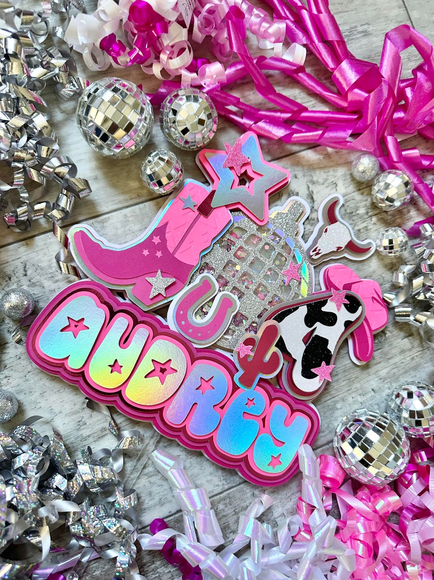 Let's Go Girls Space Cowgirl Disco Cow Girl Silver Pink Boot Cow Horseshoe Glitter Shaker Cake Topper