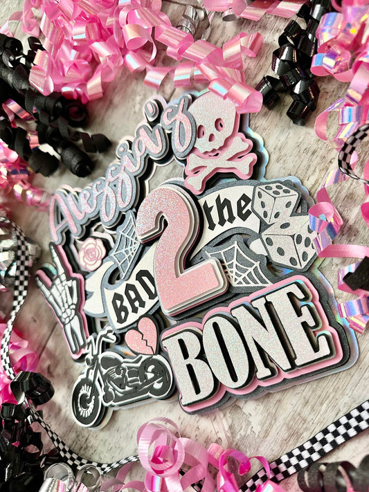 Bad TWO the Bone Motorcycle Born 2 Ride Skull Pink Cake Topper