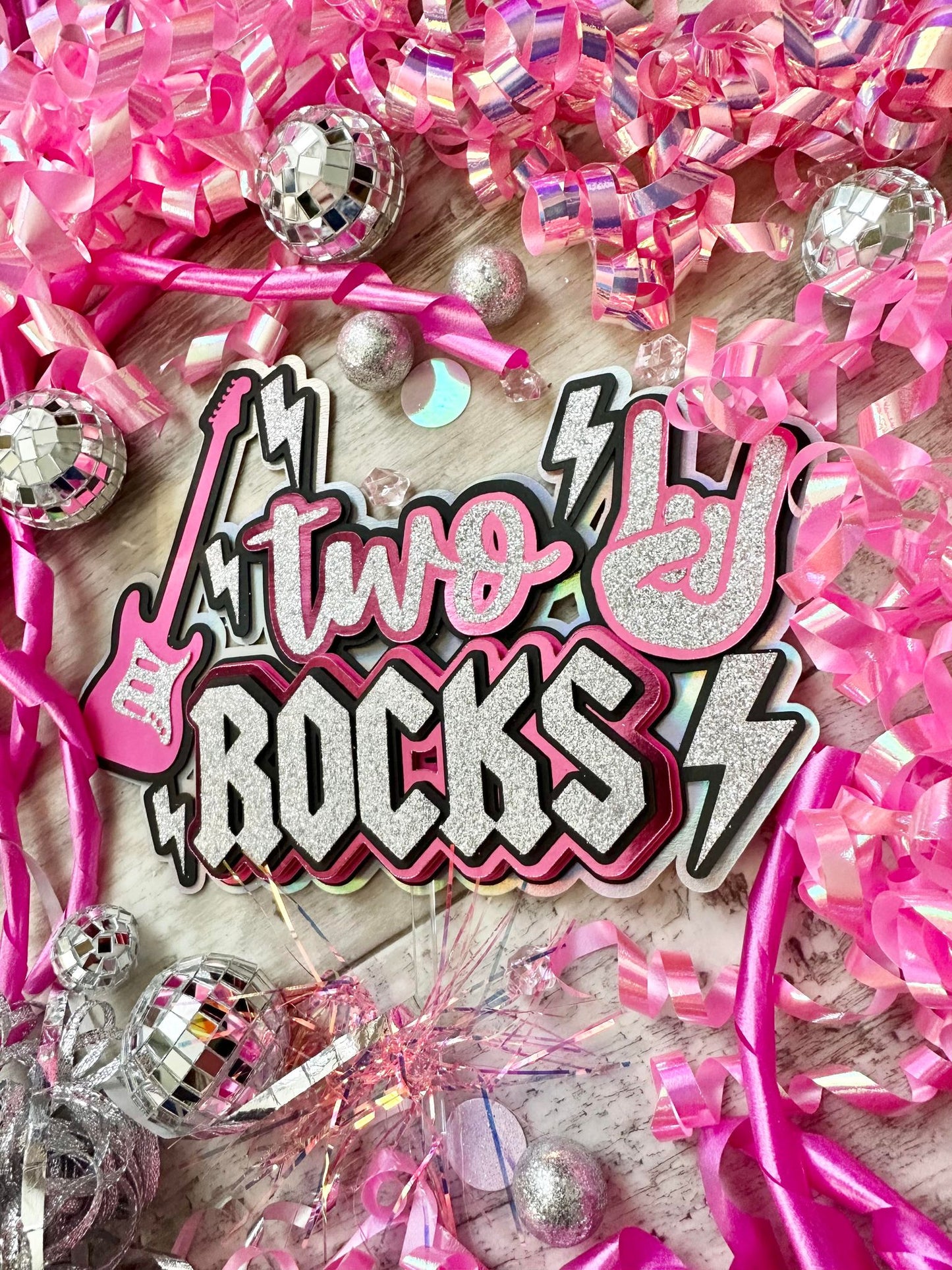 Two Rocks Rock N Roll Pink Silver Cake Topper