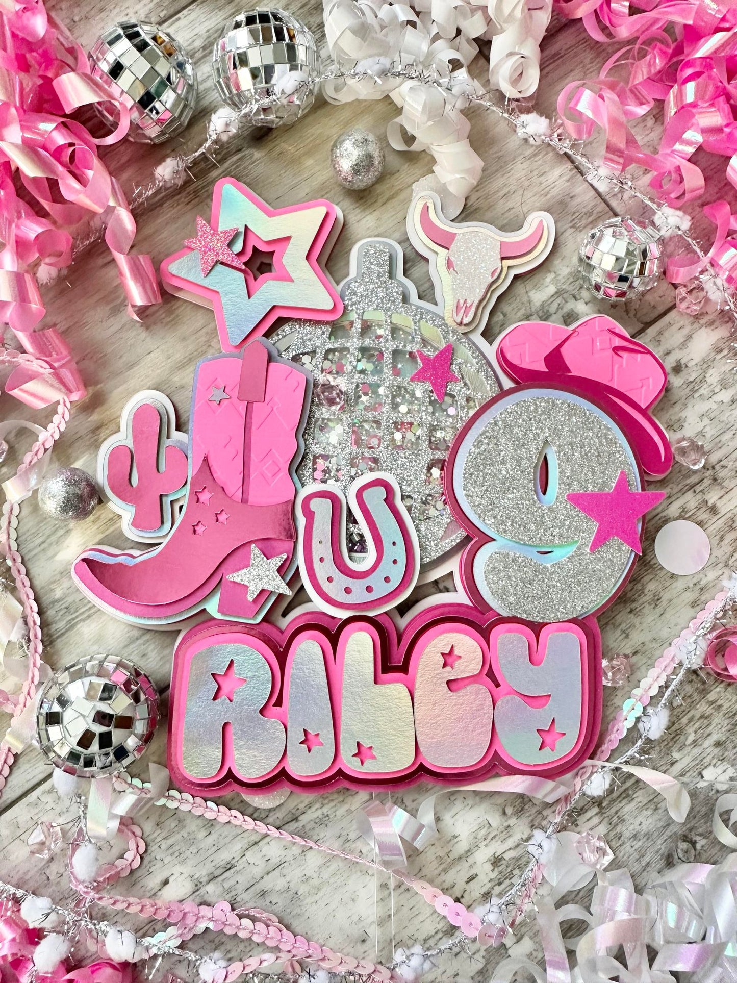 Let's Go Girls Space Cowgirl Disco Cow Girl Silver Pink Boot Cow Horseshoe Glitter Shaker Cake Topper