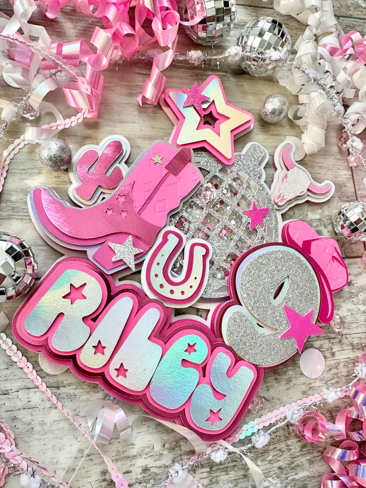 Let's Go Girls Space Cowgirl Disco Cow Girl Silver Pink Boot Cow Horseshoe Glitter Shaker Cake Topper