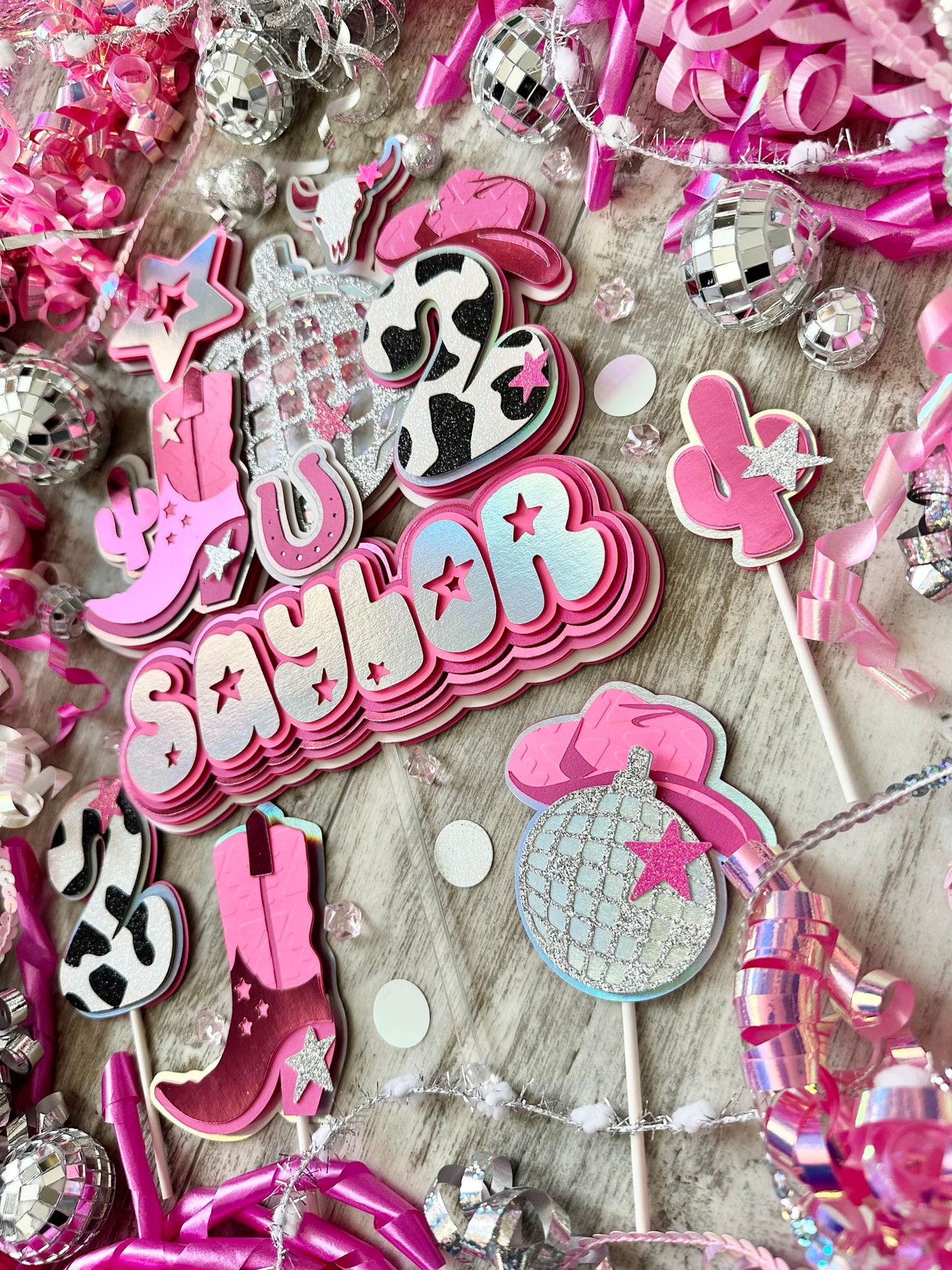 Let's Go Girls Space Cowgirl Disco Cow Girl Silver Pink Boot Cow Horseshoe Glitter Shaker Cake Topper