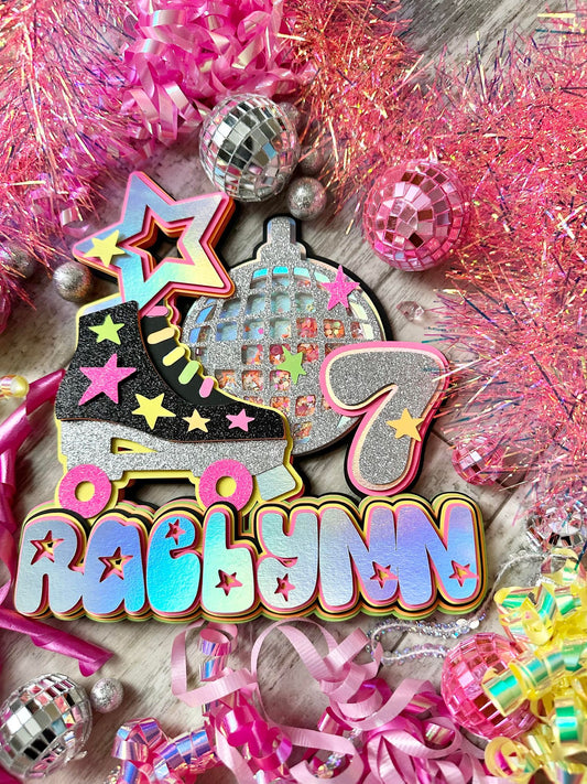 Neon Blacklight Rollerskate Roller Skate Disco Ball Star Birthday Glitter Shaker Cake Topper