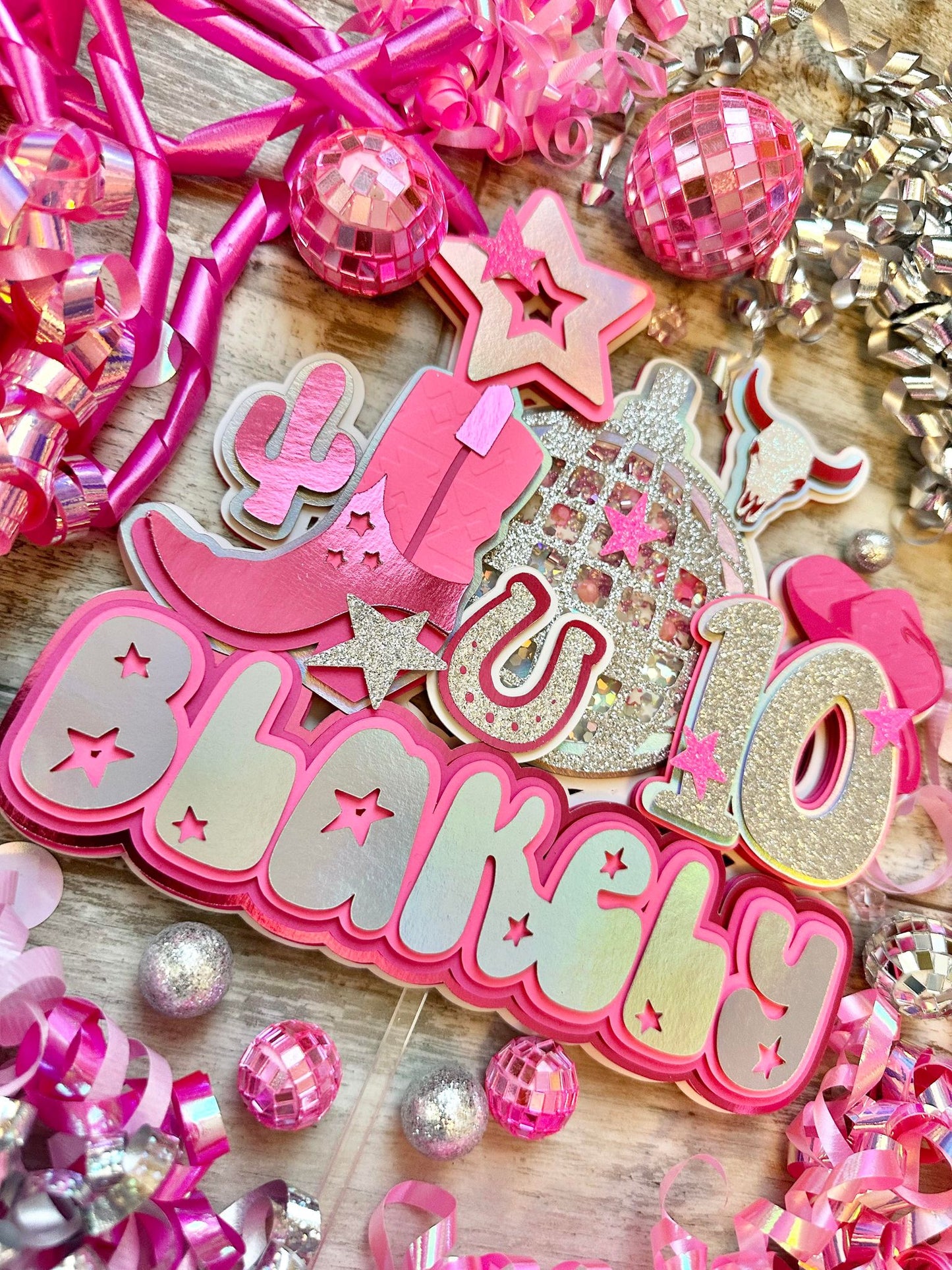 Let's Go Girls Space Cowgirl Disco Cow Girl Silver Pink Boot Cow Horseshoe Glitter Shaker Cake Topper