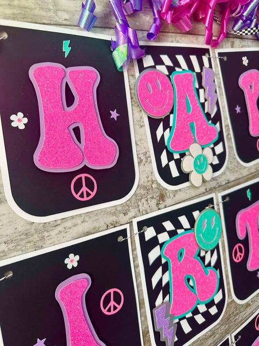 Teen Preppy Aesthetic Checkered Happy Birthday Banner One Happy Girl Banner Party Decoration