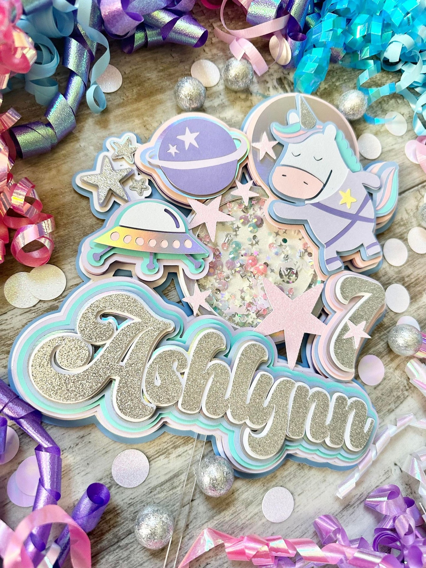 Space Unicorns Outer space Galaxy Out of This World Theme Birthday Glitter Shaker Cake Topper