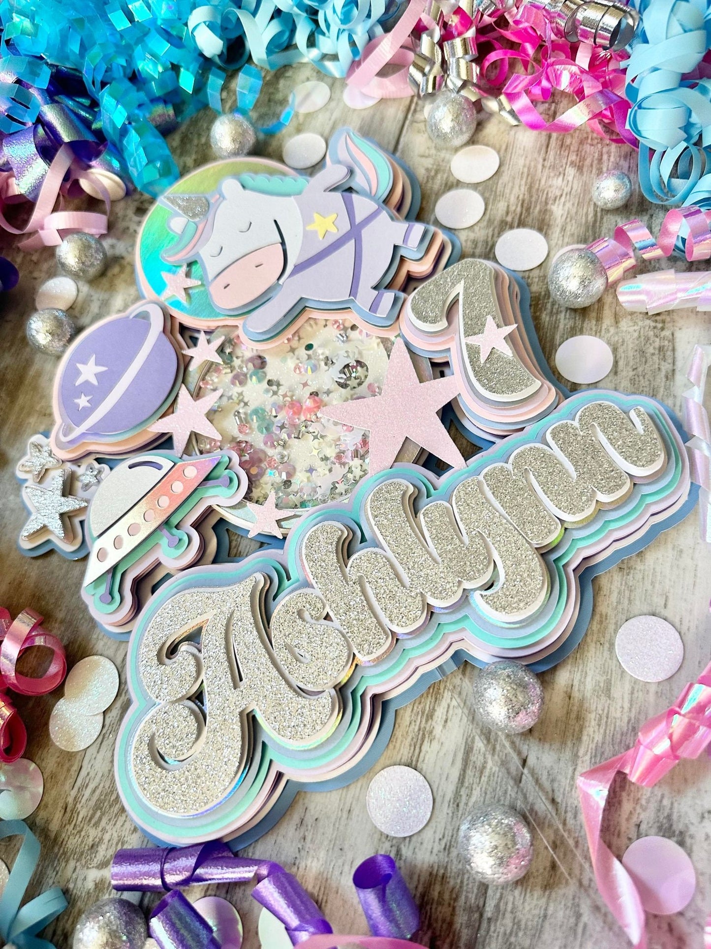 Space Unicorns Outer space Galaxy Out of This World Theme Birthday Glitter Shaker Cake Topper