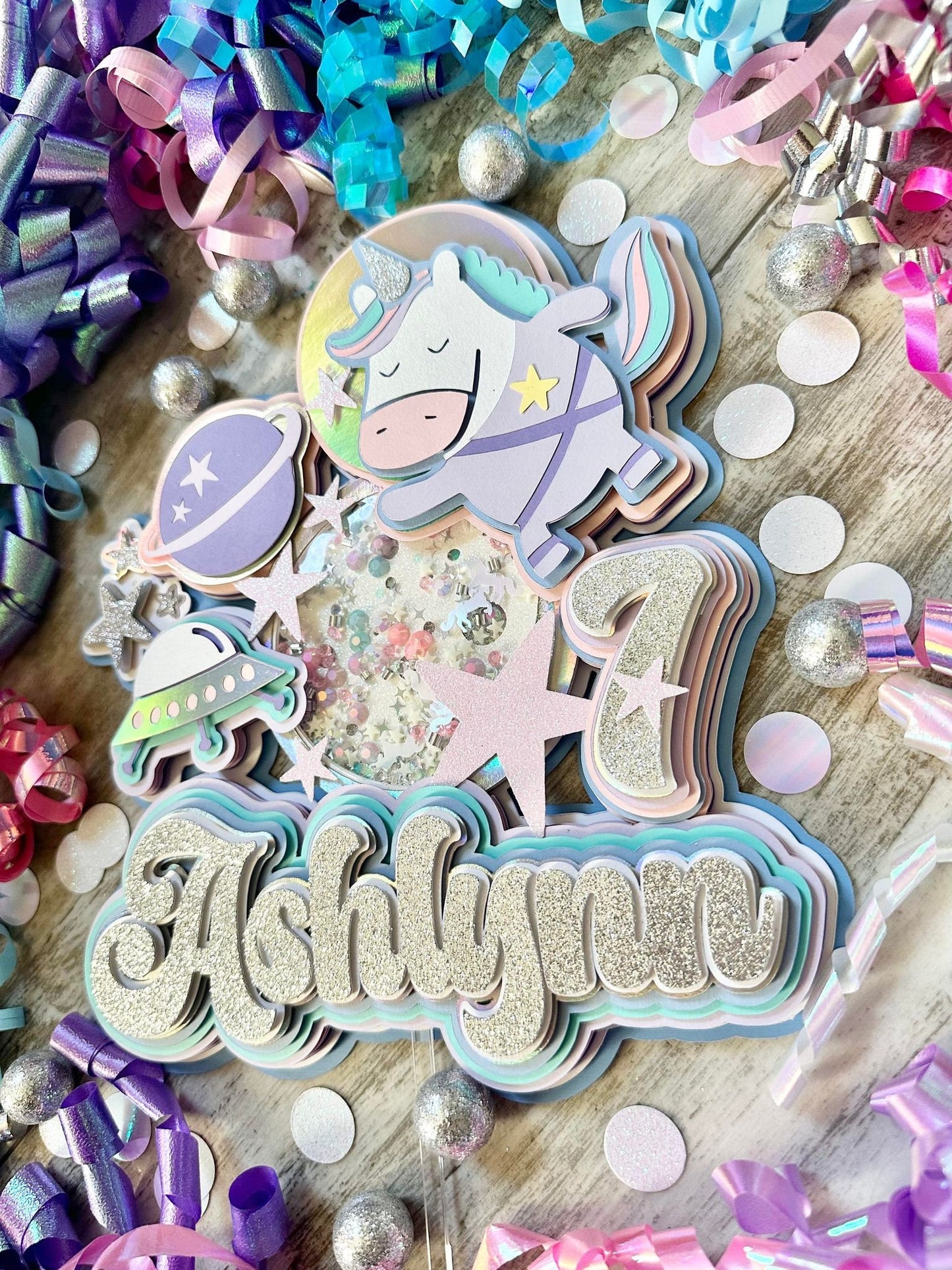 Space Unicorns Outer space Galaxy Out of This World Theme Birthday Glitter Shaker Cake Topper