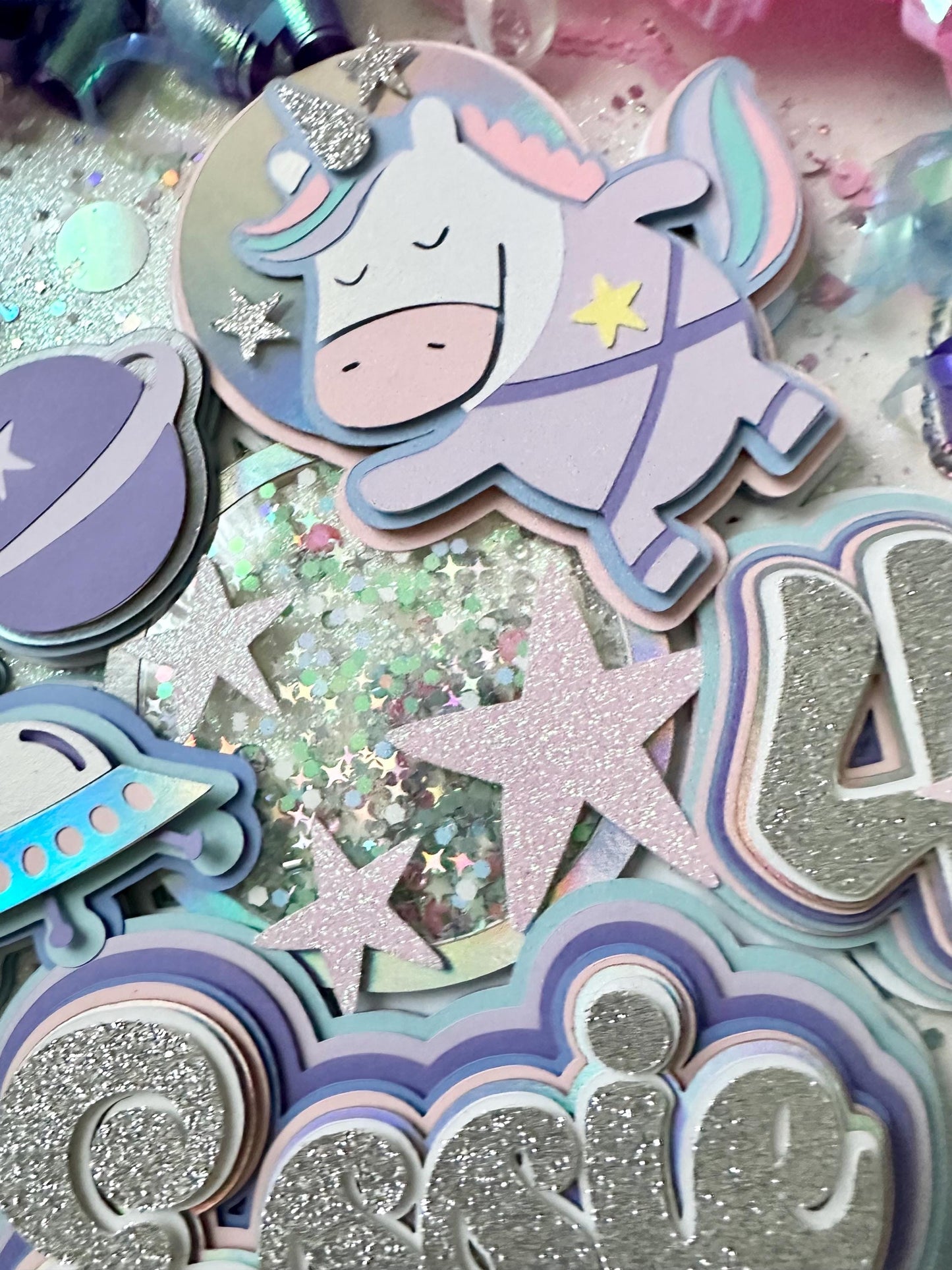 Space Unicorns Outer space Galaxy Out of This World Theme Birthday Glitter Shaker Cake Topper