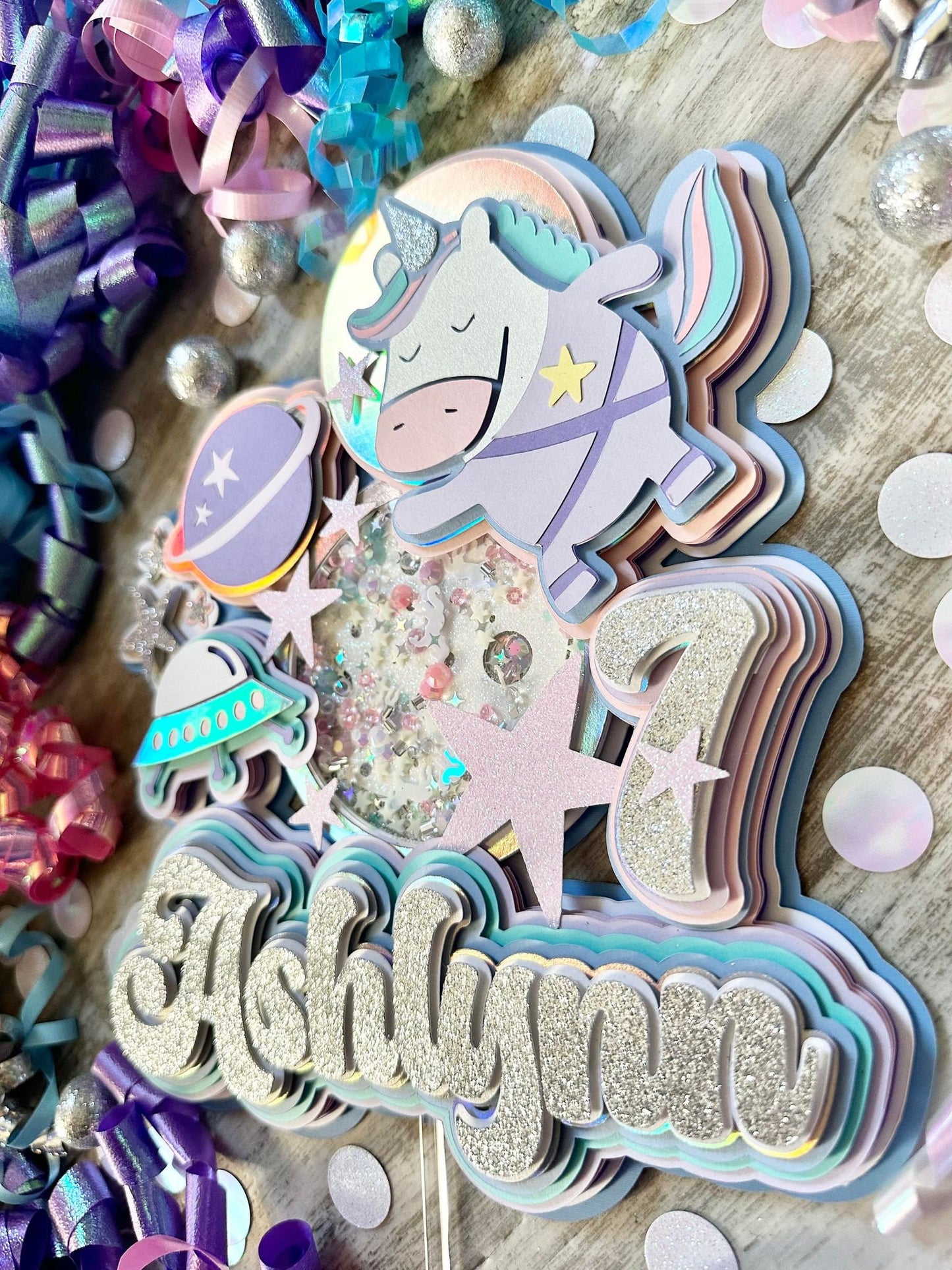 Space Unicorns Outer space Galaxy Out of This World Theme Birthday Glitter Shaker Cake Topper