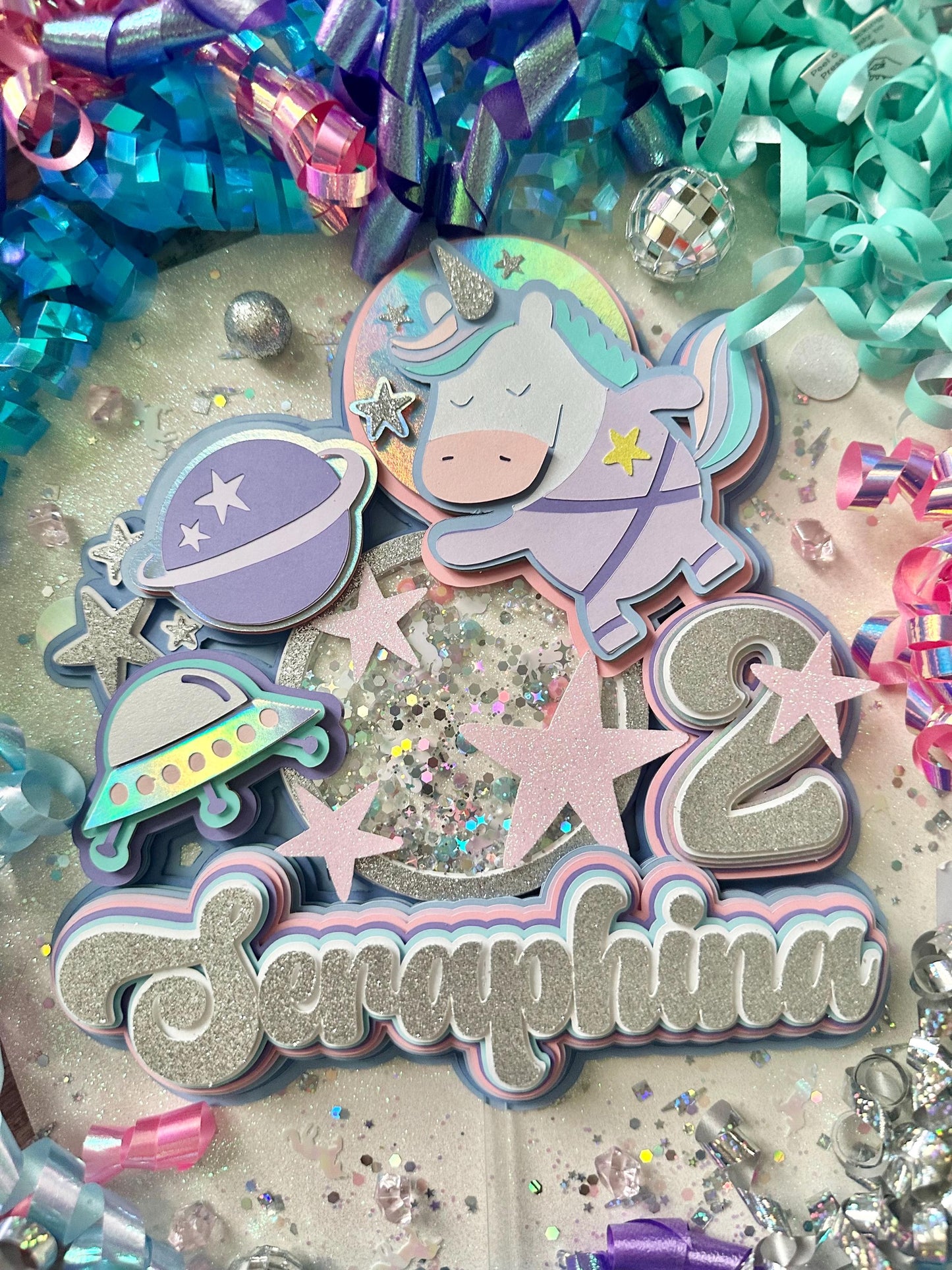 Space Unicorns Outer space Galaxy Out of This World Theme Birthday Glitter Shaker Cake Topper