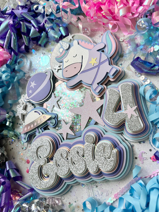 Space Unicorns Outer space Galaxy Out of This World Theme Birthday Glitter Shaker Cake Topper