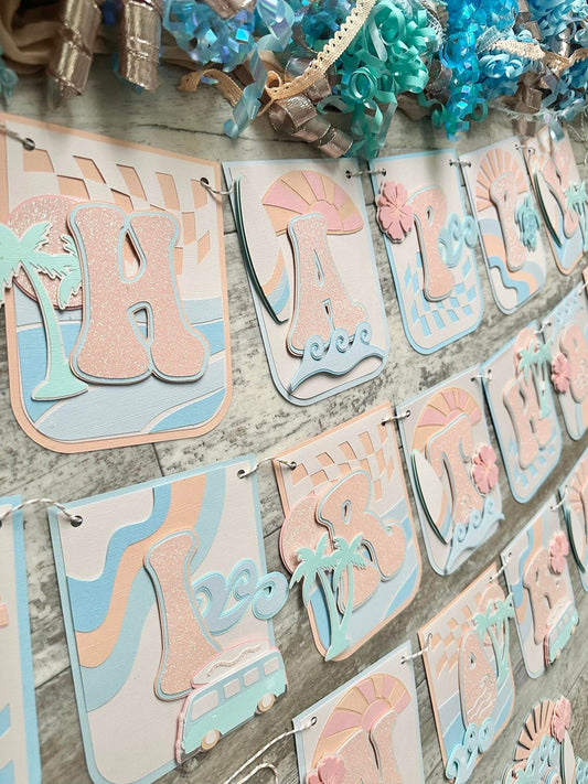 Retro Beach Hippie Boho Surfs Up Checkered Vintage Birthday Banner