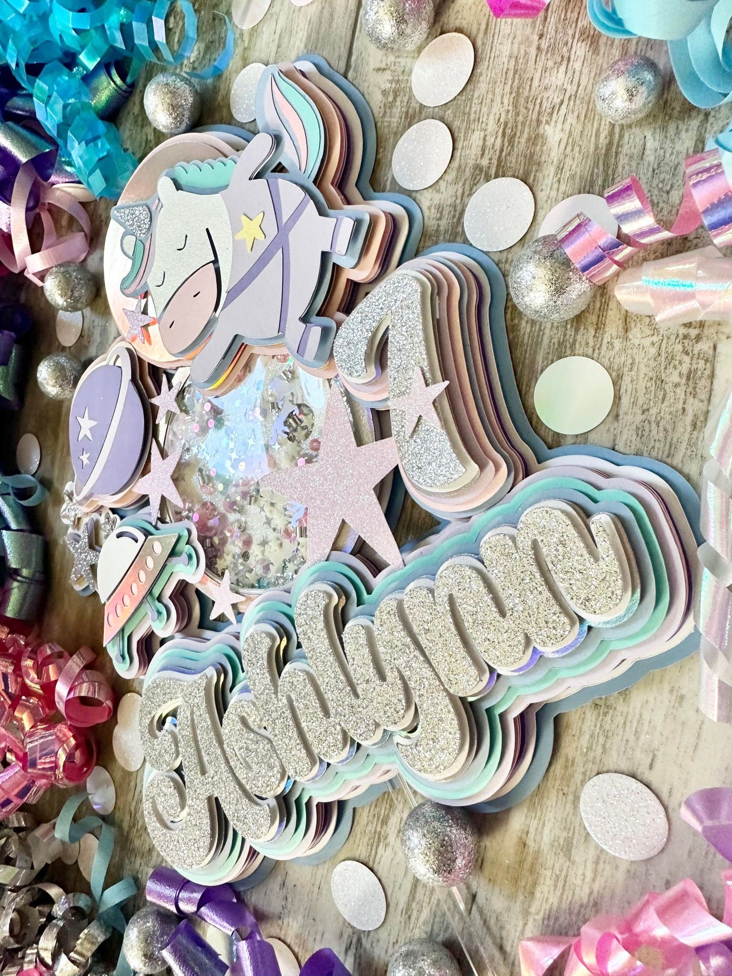 Space Unicorns Outer space Galaxy Out of This World Theme Birthday Glitter Shaker Cake Topper
