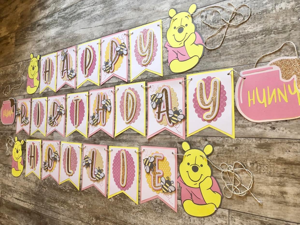 Bumble Bee Bear Hunny Honey Pink Yellow White Gold Inspired Birthday Banner