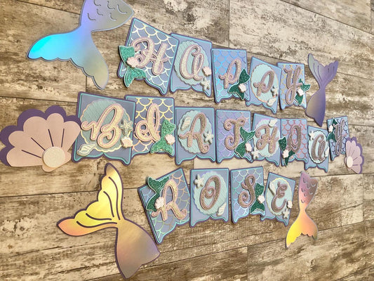 Mermaid Ocean Under the Sea Iridescent Blue Purple Birthday Banner