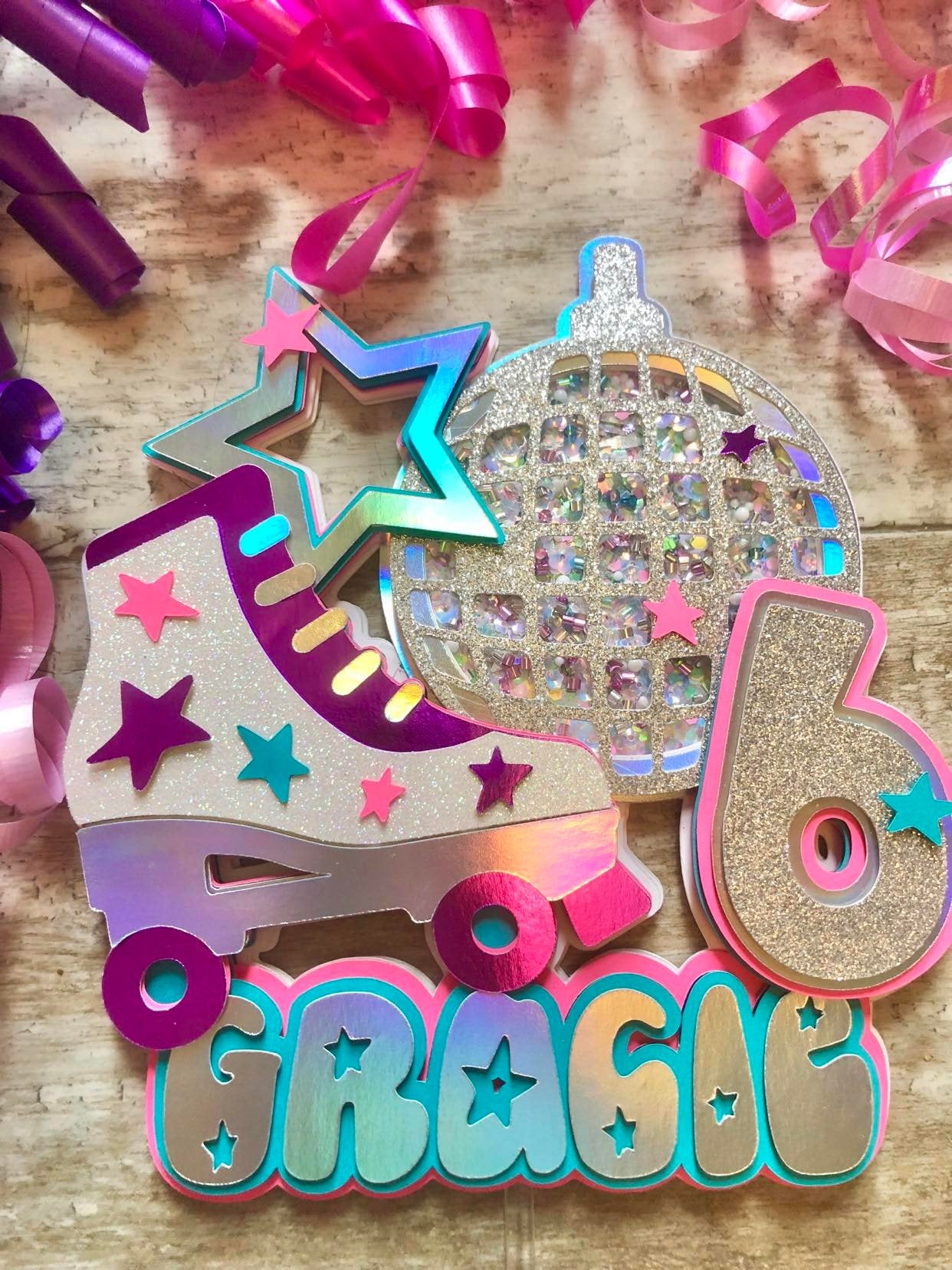 Rollerskate Roller Skate Disco Ball Star Birthday Glitter Shaker Cake Topper