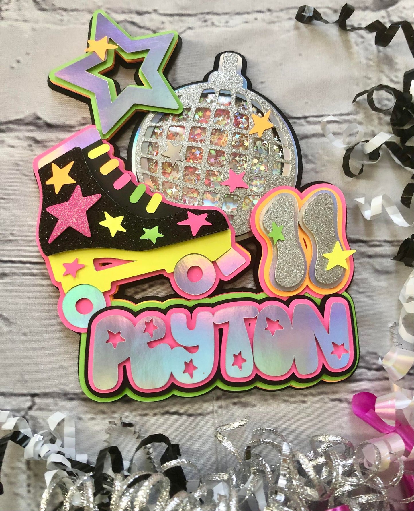 Neon Blacklight Rollerskate Roller Skate Disco Ball Star Birthday Glitter Shaker Cake Topper