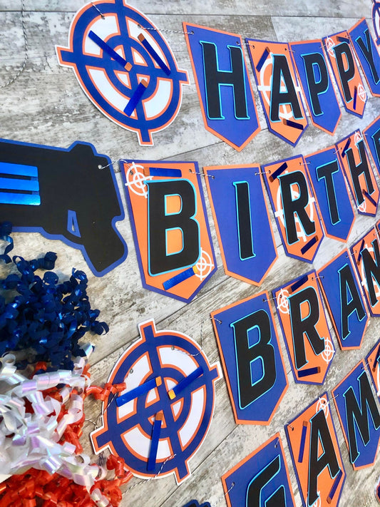 Foam Dart Gun Target Blue Orange Theme Birthday Party Banner