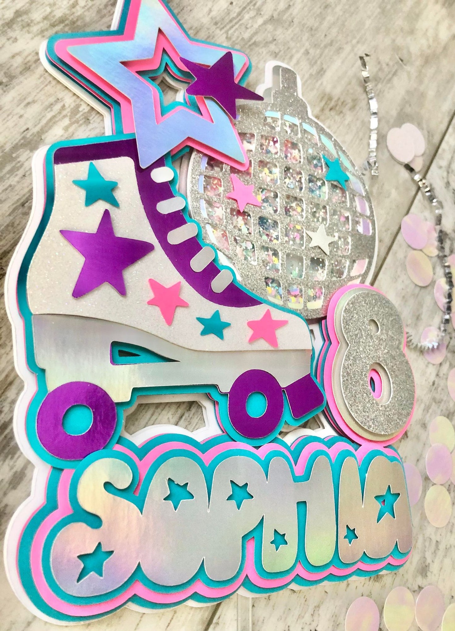Rollerskate Roller Skate Disco Ball Star Birthday Glitter Shaker Cake Topper