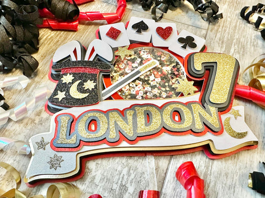 Magic Show Magician Rabbit Top Hat Cards Poker Glitter Shaker Cake Topper