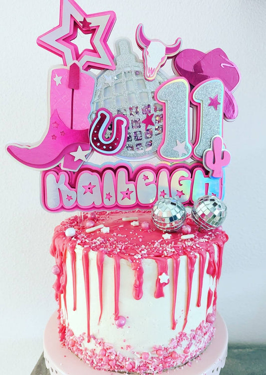 Let's Go Girls Space Cowgirl Disco Cow Girl Silver Pink Boot Cow Horseshoe Glitter Shaker Cake Topper