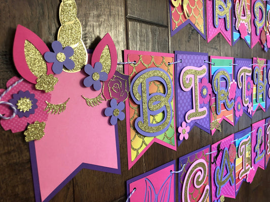Unicorns Mermaids Rainbow Pink Purple Birthday Banner
