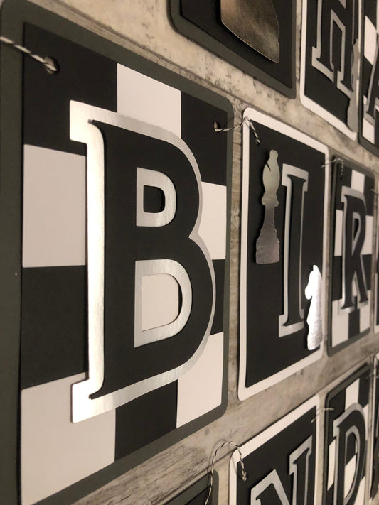 Chess Checkmate Theme Black White Silver Birthday Party Banner