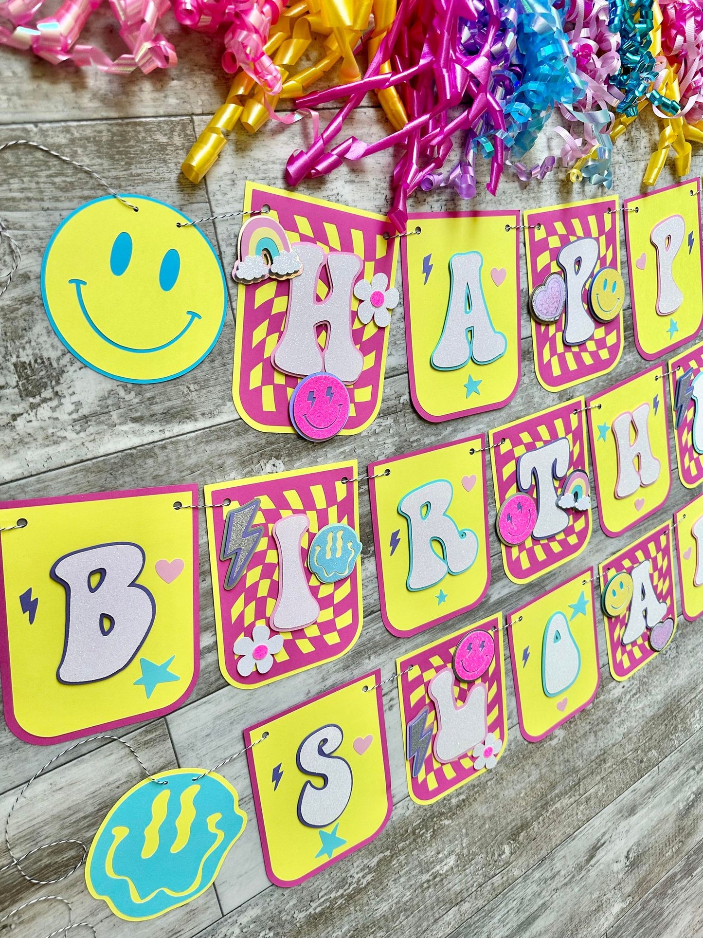 Teen Preppy Smile Aesthetic Checkered Groovy Party Happy Birthday Banner One Happy Girl Birthday Banner Girl Party Decoration