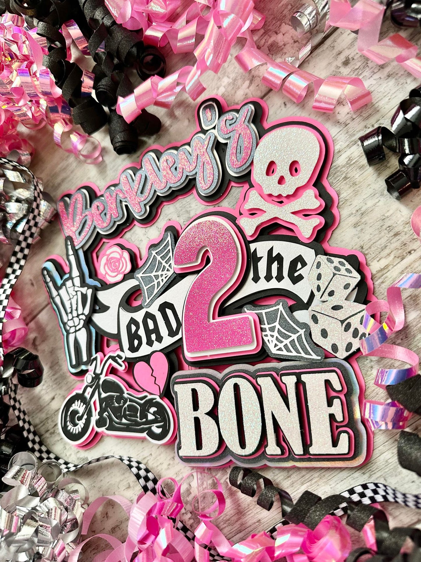 Bad TWO the Bone Motorcycle Born 2 Ride Skull Pink Cake Topper