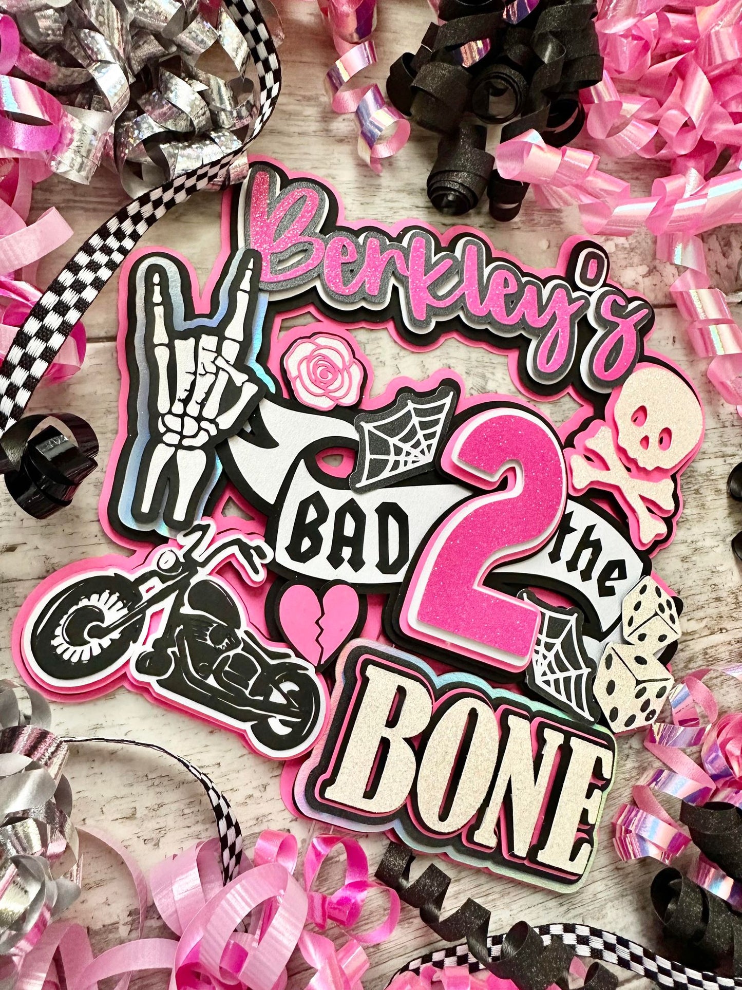 Bad TWO the Bone Motorcycle Born 2 Ride Skull Pink Cake Topper