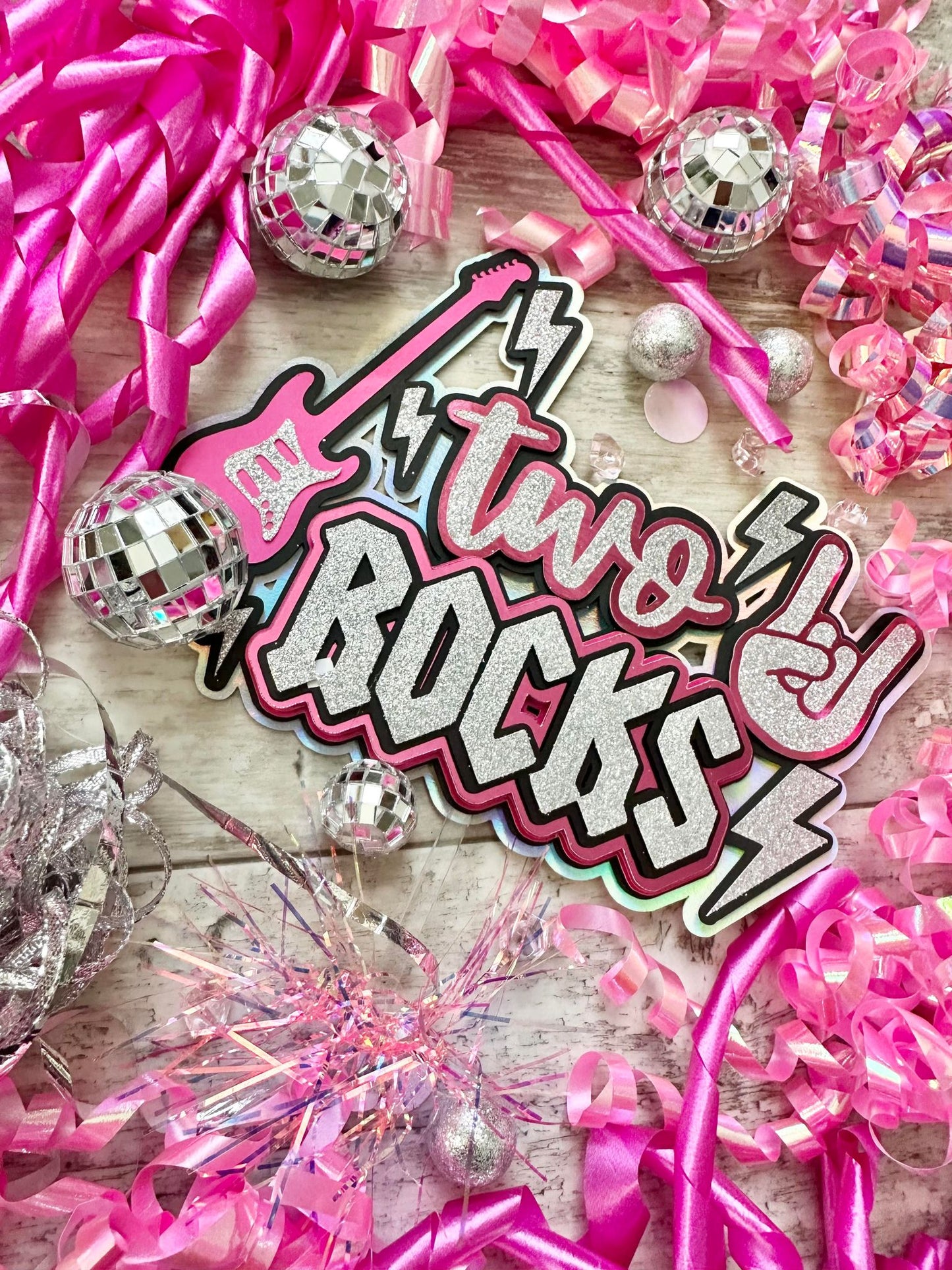 Two Rocks Rock N Roll Pink Silver Cake Topper