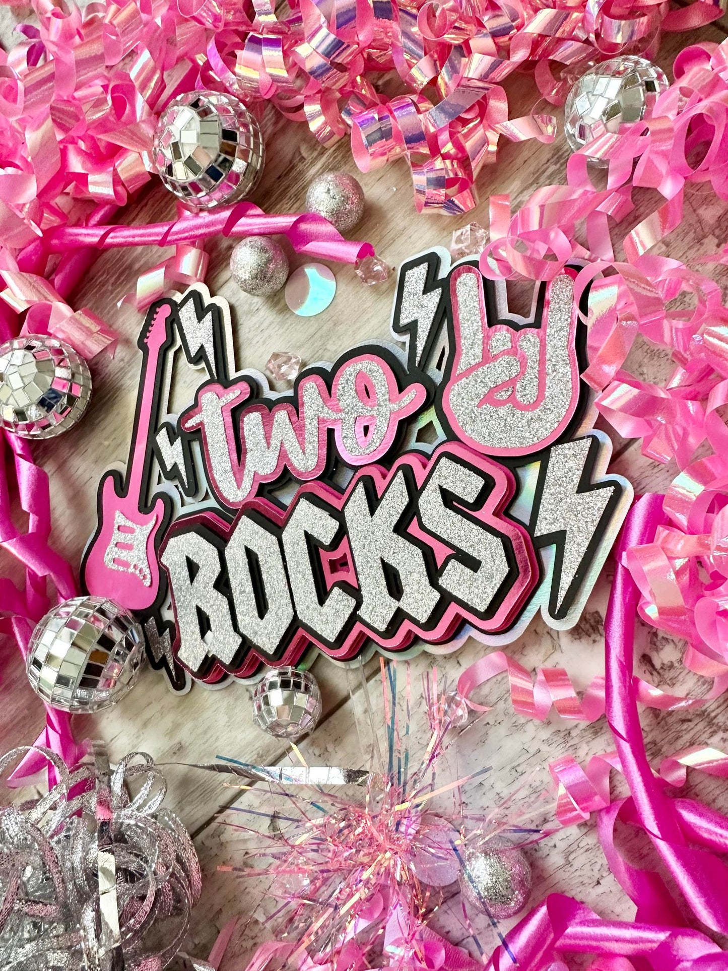 Two Rocks Rock N Roll Pink Silver Cake Topper