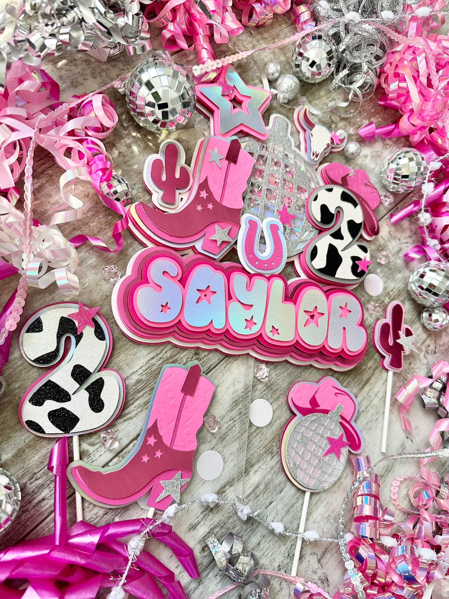 Let's Go Girls Space Cowgirl Disco Cow Girl Silver Pink Boot Cow Horseshoe Glitter Shaker Cake Topper