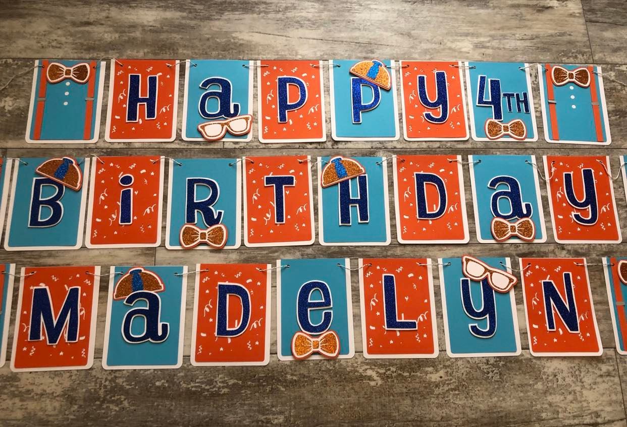 Bowtie Glasses Suspenders Blue Orange Birthday Party Banner