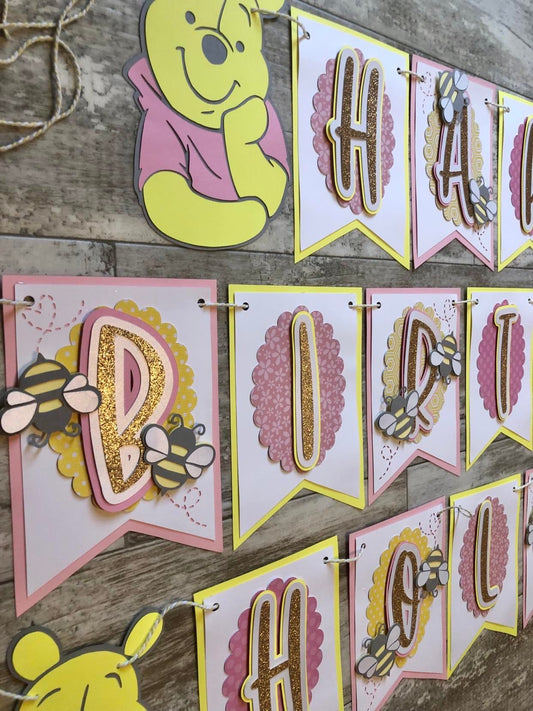 Bumble Bee Bear Hunny Honey Pink Yellow White Gold Inspired Birthday Banner
