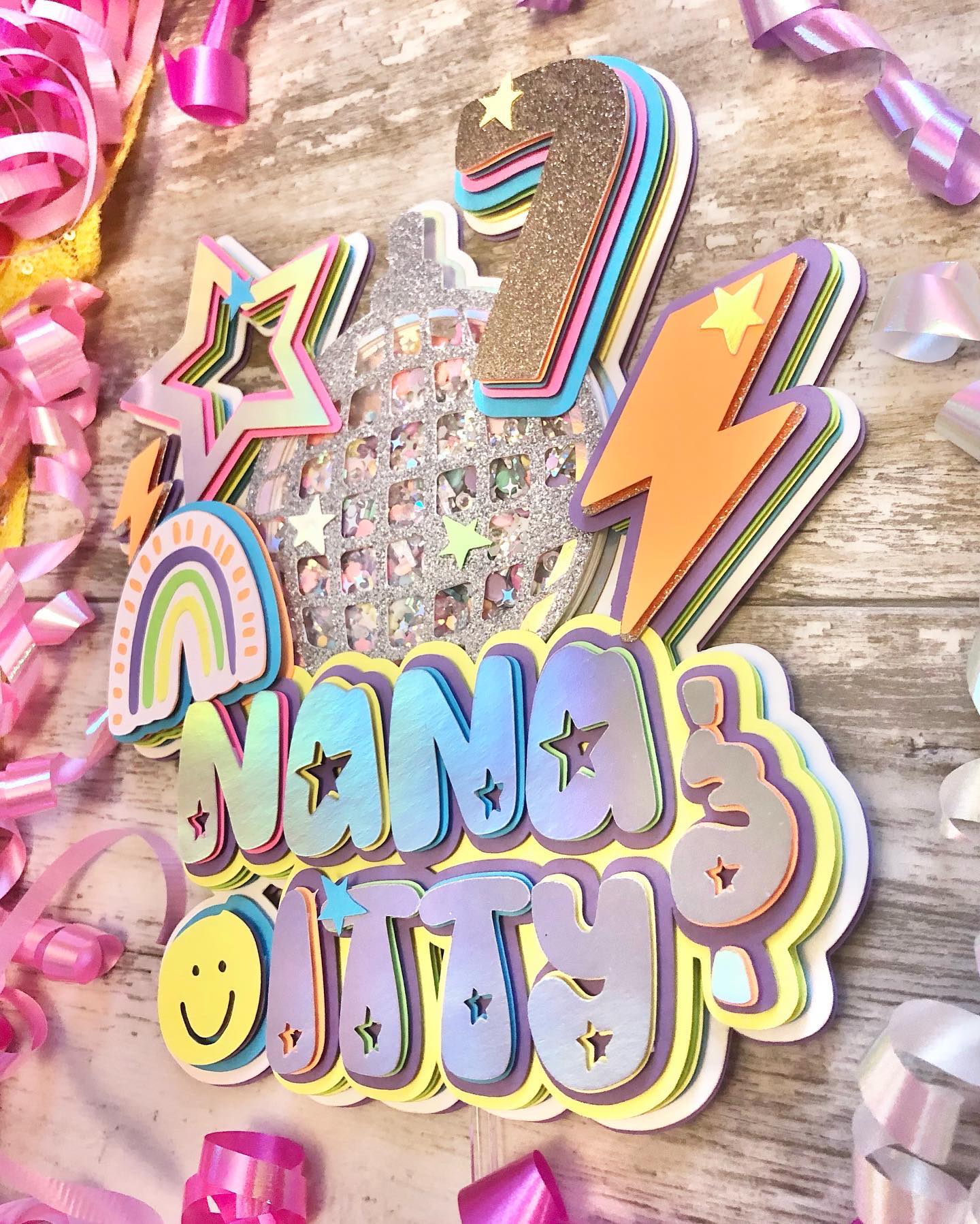 Boho Disco Ball Rainbow Smiley Face Lightning Bolt Bright Colorful Glitter Shaker Cake Topper