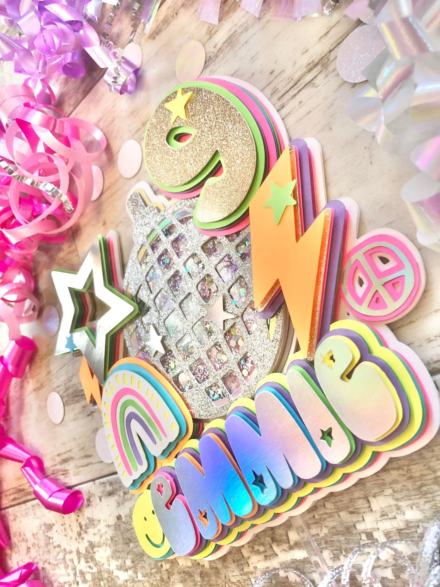 Boho Disco Ball Rainbow Smiley Face Lightning Bolt Bright Colorful Glitter Shaker Cake Topper