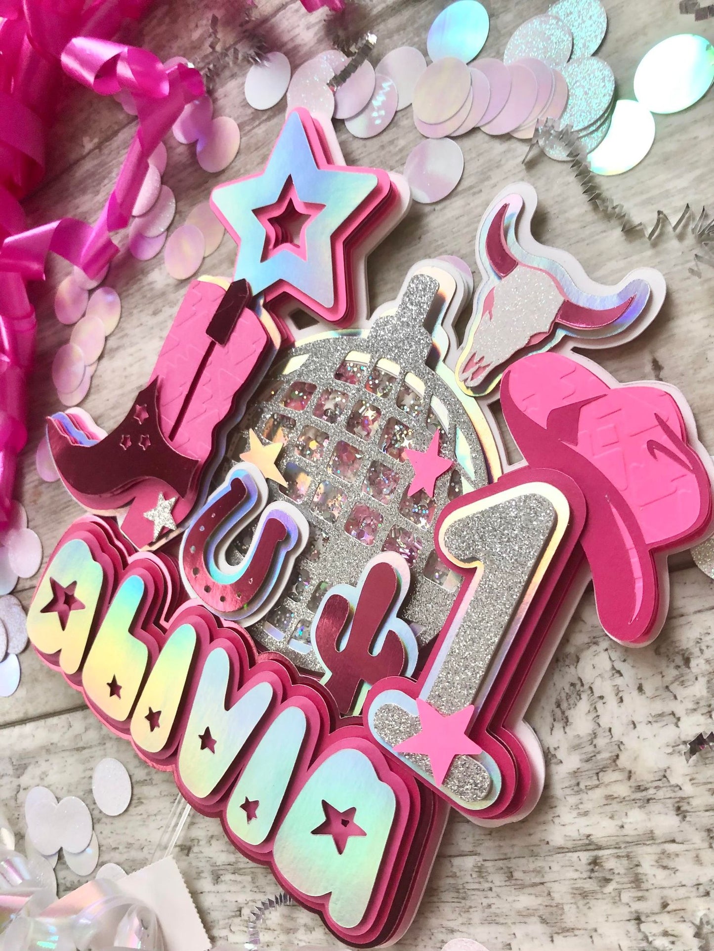 Let's Go Girls Space Cowgirl Disco Cow Girl Silver Pink Boot Cow Horseshoe Glitter Shaker Cake Topper