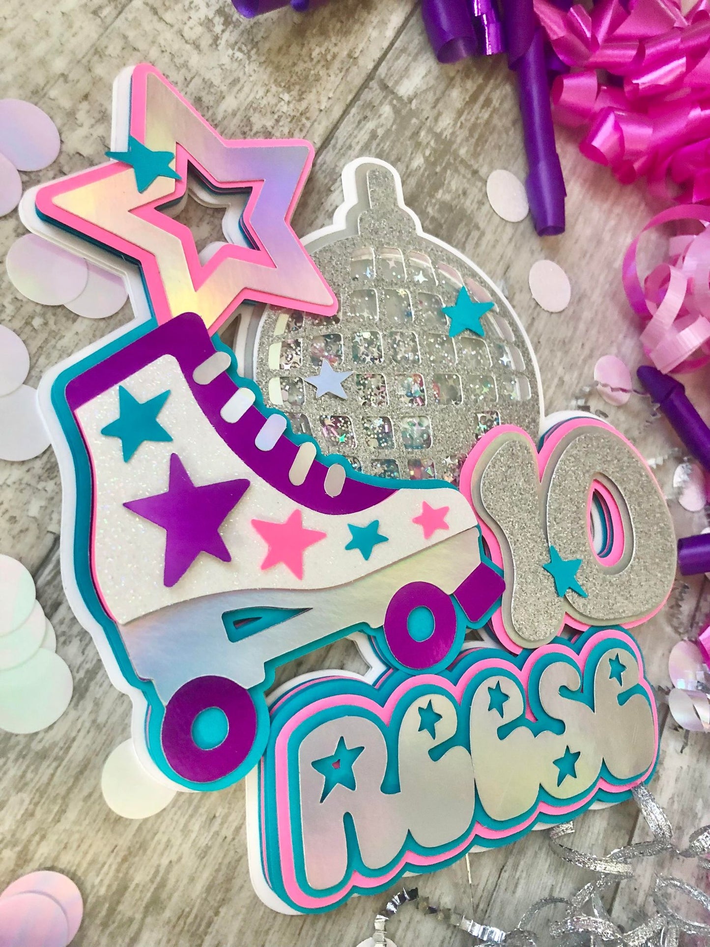 Rollerskate Roller Skate Disco Ball Star Birthday Glitter Shaker Cake Topper