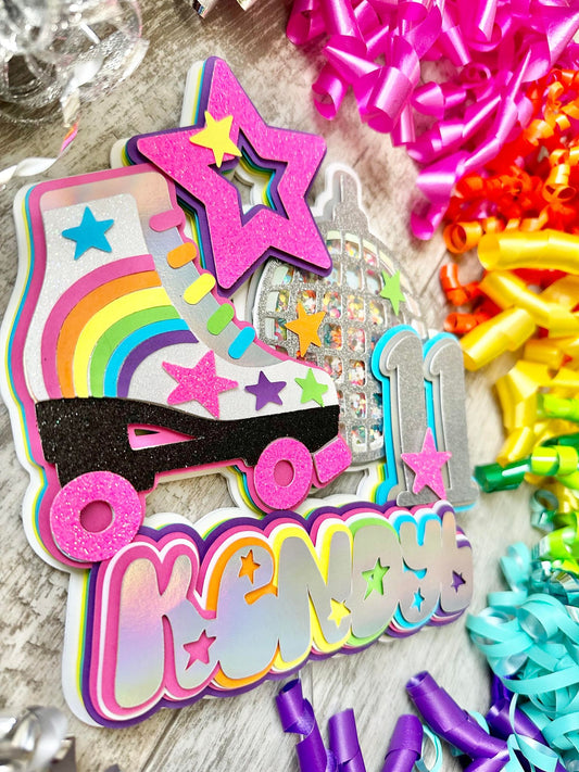 Rainbow Retro Roller Disco Ball Rollerskate Skate Glitter Shaker Cake Topper