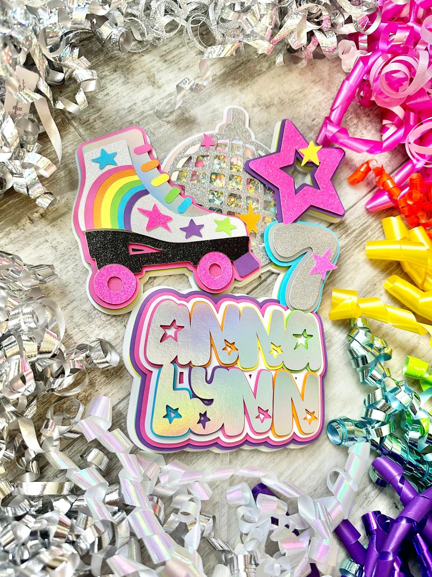 Rainbow Retro Roller Disco Ball Rollerskate Skate Glitter Shaker Cake Topper
